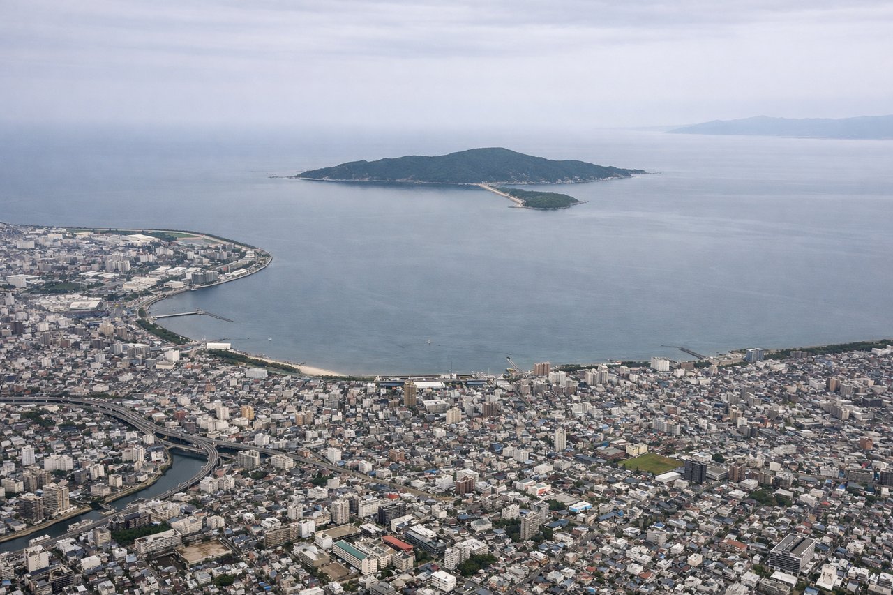 Right window seat view during takeoff from Fukuoka (FUK) — Hakata Bay, Fukuoka city skyline (Hakata/Tenjin districts), Nokonoshima island, Genkai Sea coastline