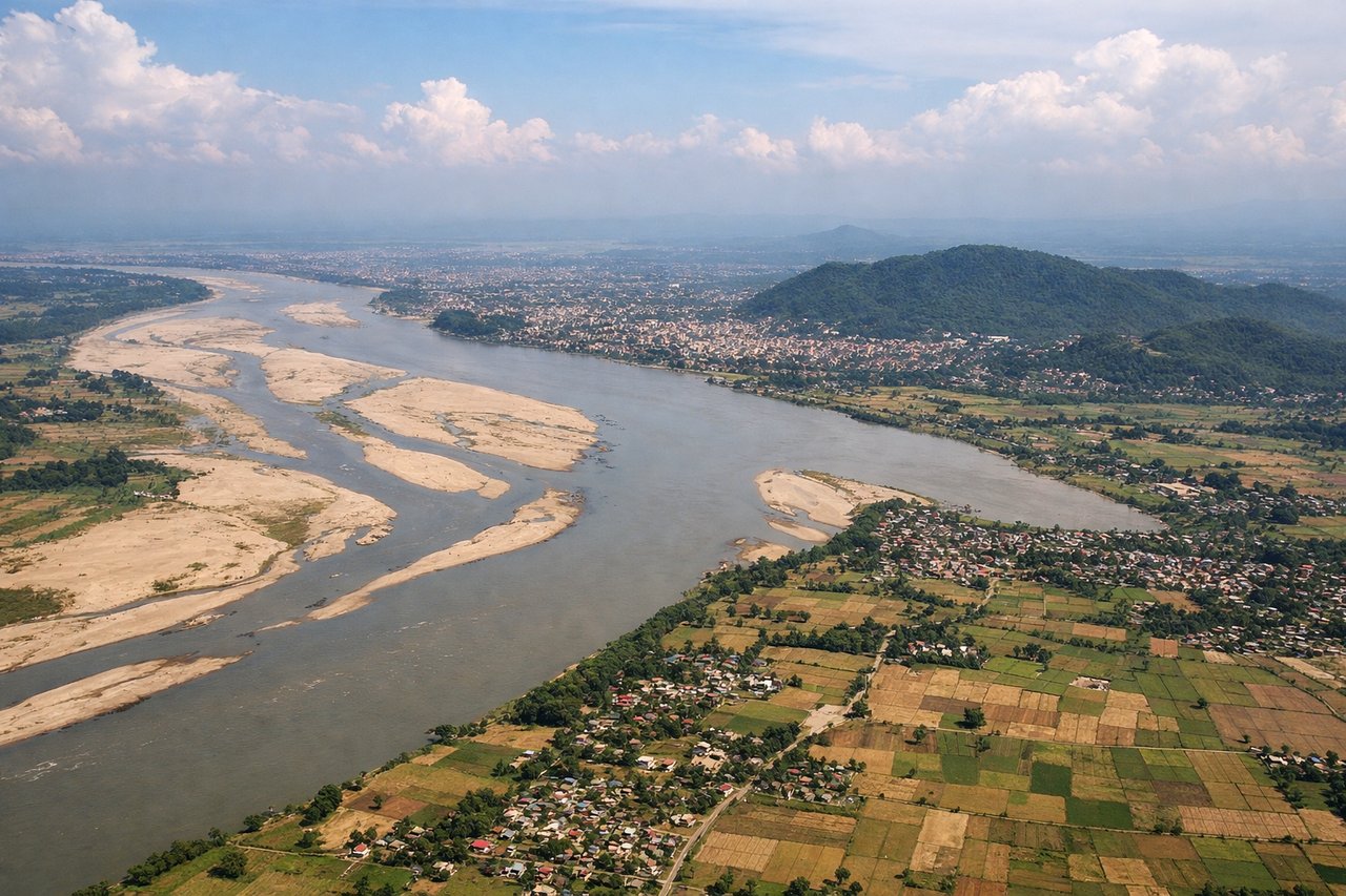Aerial window seat view during landing at Guwahati (left side) — Brahmaputra River and its wide valley, Guwahati city and urban sprawl, Shillong Plateau forested ridges, tea gardens and agricultural fields of Assam plains