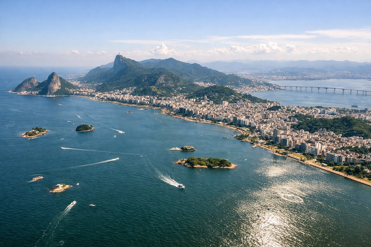 Aerial window seat view during landing at Rio De Janeiro (left side) — Guanabara Bay, Ponte Rio-Niteroi bridge, Pao de Acucar (Sugarloaf Mountain), Niteroi city across the bay