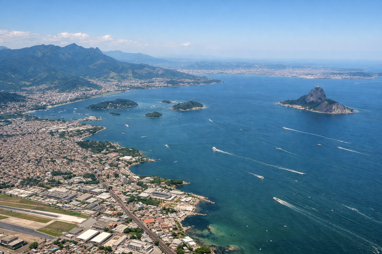 Aerial window seat view during landing at Rio De Janeiro (right side) — Guanabara Bay, Serra da Carioca mountains, Sugarloaf Mountain, Corcovado peak
