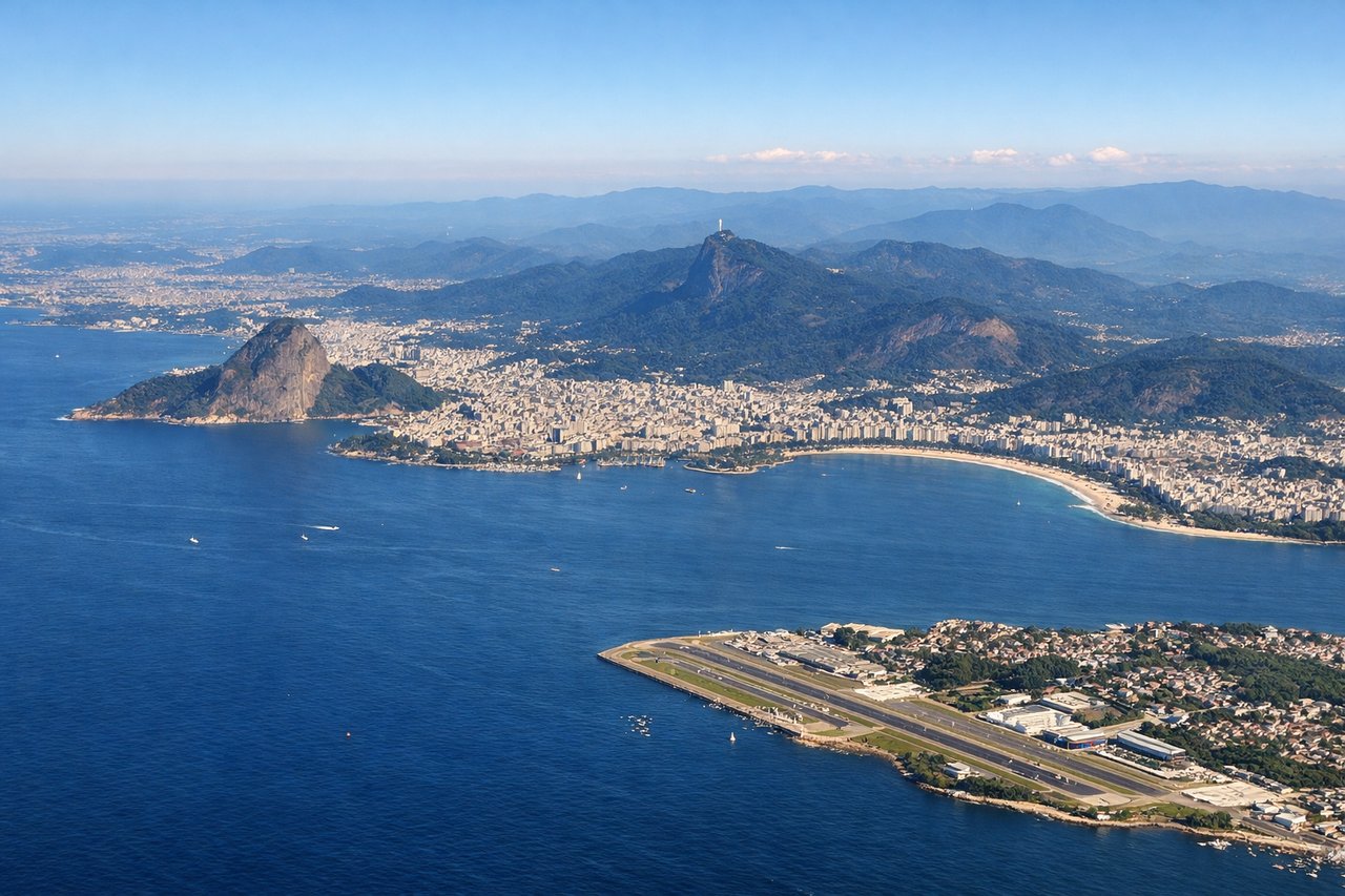 Aerial window seat view during takeoff from Rio De Janeiro (left side) — Sugarloaf Mountain, Corcovado/Christ the Redeemer, Guanabara Bay, Copacabana and Ipanema beaches