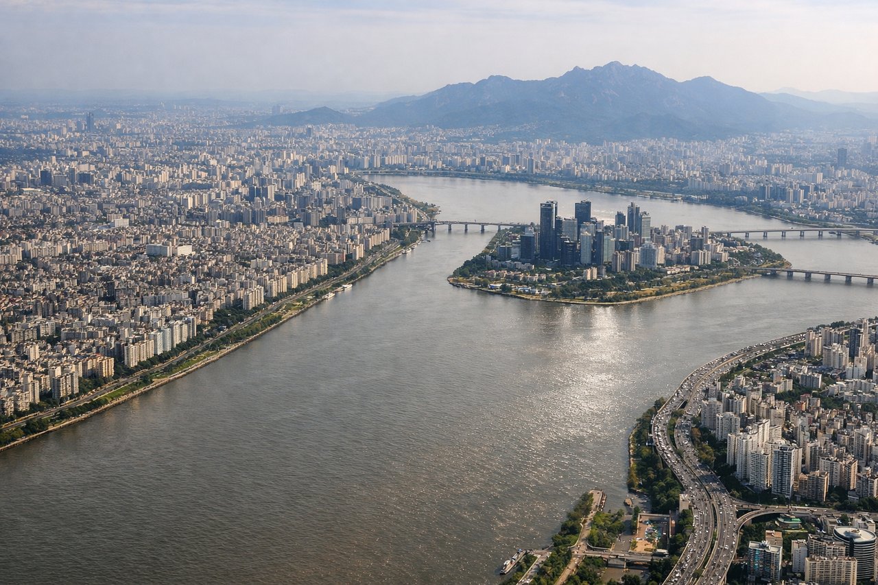 Aerial window seat view during landing at Seoul (left side) — Han River, Seoul skyline, Bukhansan National Park peaks, Yeouido Island