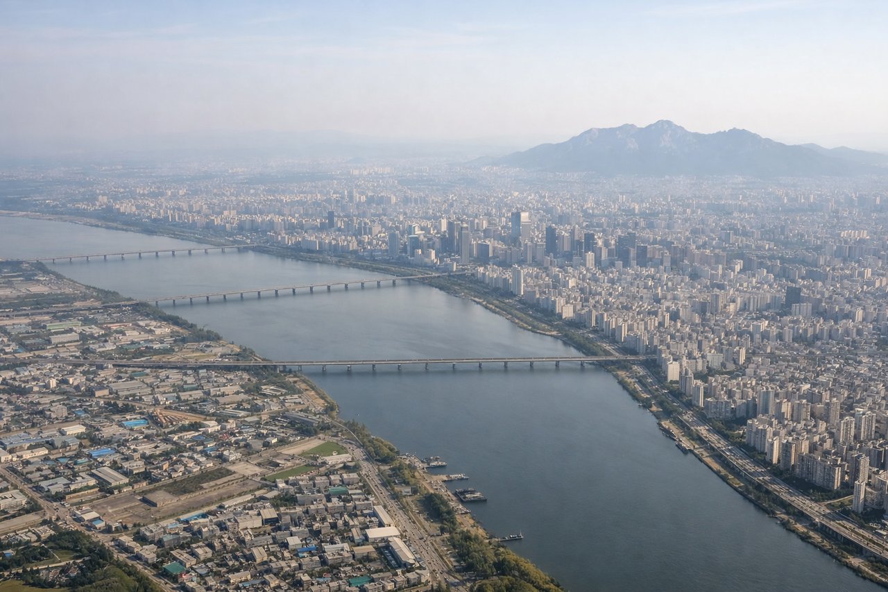 Aerial window seat view during takeoff from Seoul (left side) — Han River and its bridges through central Seoul, Bukhansan National Park granite peaks to the northeast, Incheon and the Yellow Sea coastline to the west, Gyeonggi Bay tidal flats