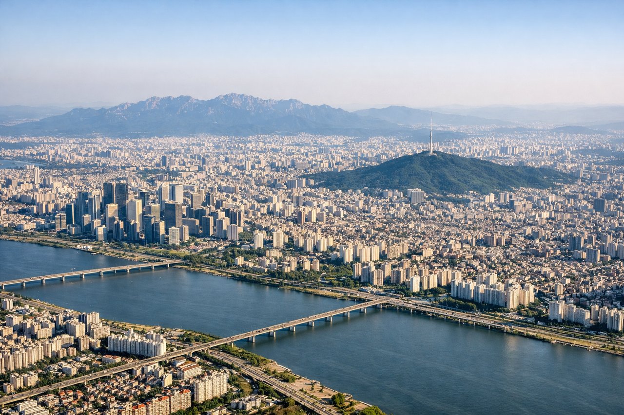 Aerial window seat view during takeoff from Seoul (right side) — Han River estuary (Hangang-gun), Incheon port and container terminals, Seoul city grid to the east, Yellow Sea horizon