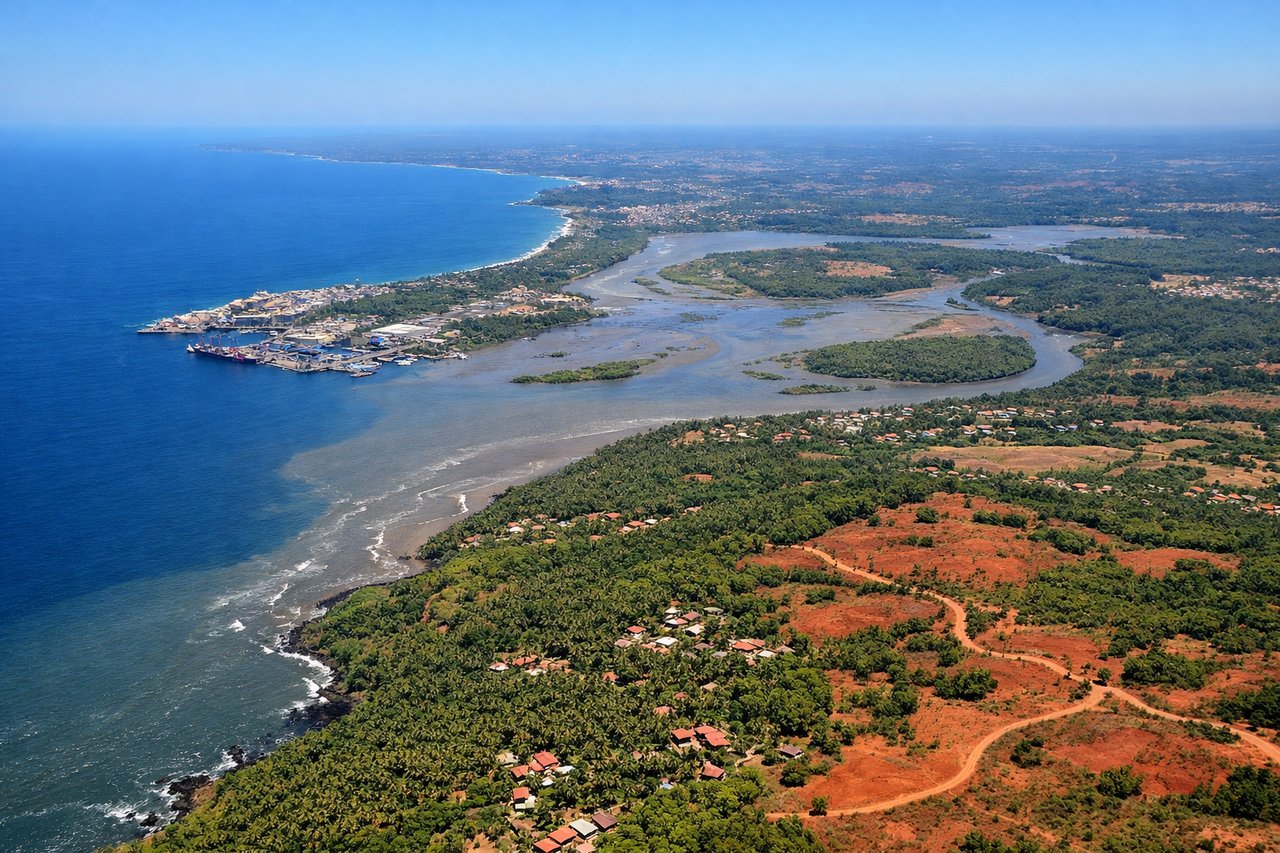 Aerial window seat view during landing at Goa (left side) — Arabian Sea (vast water body filling horizon), Mandovi River estuary (distinctive branching waterway), Goa's coastal strip with Panaji visible (thin developed band between water and vegetation), Western Ghats (distant ridge line on inland horizon)