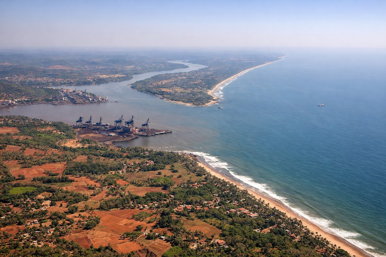 Left window seat view during takeoff from Goa (GOI) — Zuari River estuary, Mormugao Port and harbor, Vasco da Gama town, coastal Arabian Sea shoreline receding southwest