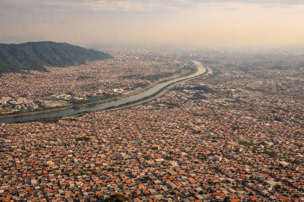 Left window seat view during landing at Sao Paulo (GRU) — São Paulo city skyline and dense urban grid, Tietê River valley, Serra da Cantareira forest reserve (left side), Guarulhos suburban sprawl near the airport