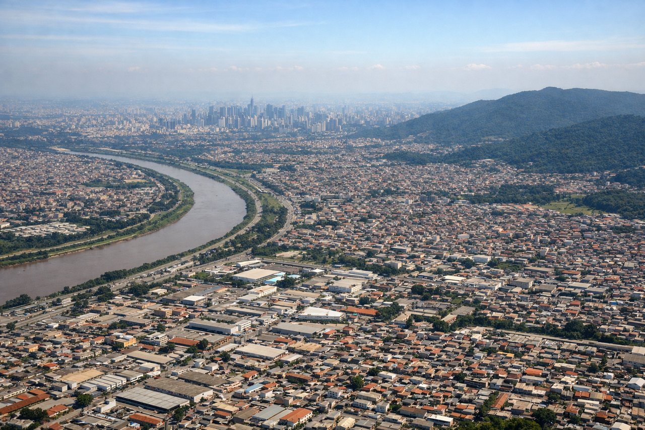 Right window seat view during landing at Sao Paulo (GRU) — São Paulo city skyline and dense urban grid, Tietê River valley, Serra da Cantareira forest reserve (left side), Guarulhos suburban sprawl near the airport