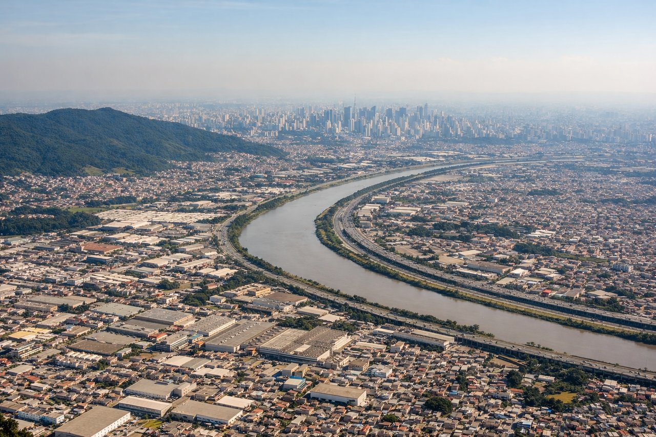 Aerial window seat view during takeoff from Sao Paulo (left side) — Serra da Cantareira hills to the northwest, Tietê River valley through São Paulo, Guarulhos urban grid below, Billings and Guarapiranga reservoirs visible to the south as you bank
