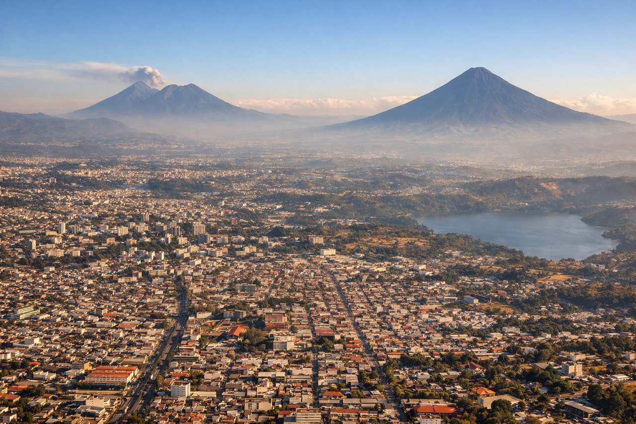 Right window seat view during landing at Guatemala City (GUA) — Volcán de Agua, Volcán de Fuego, Volcán de Acatenango, Volcán de Pacaya