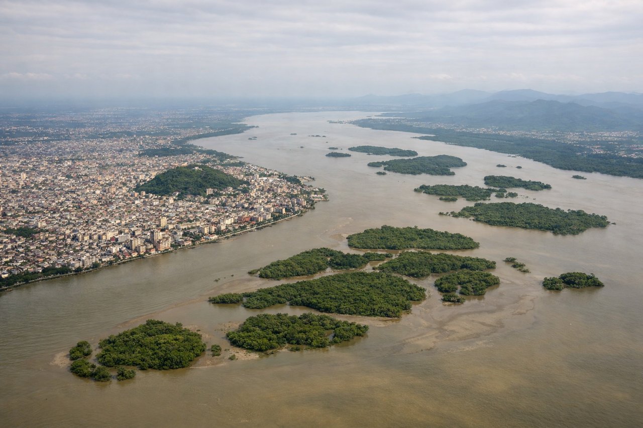 Aerial window seat view during landing at Guayaquil (left side) — Andes Mountains (distant), Gulf of Guayaquil, Guayas River delta and mangrove forests, Pacific coastline