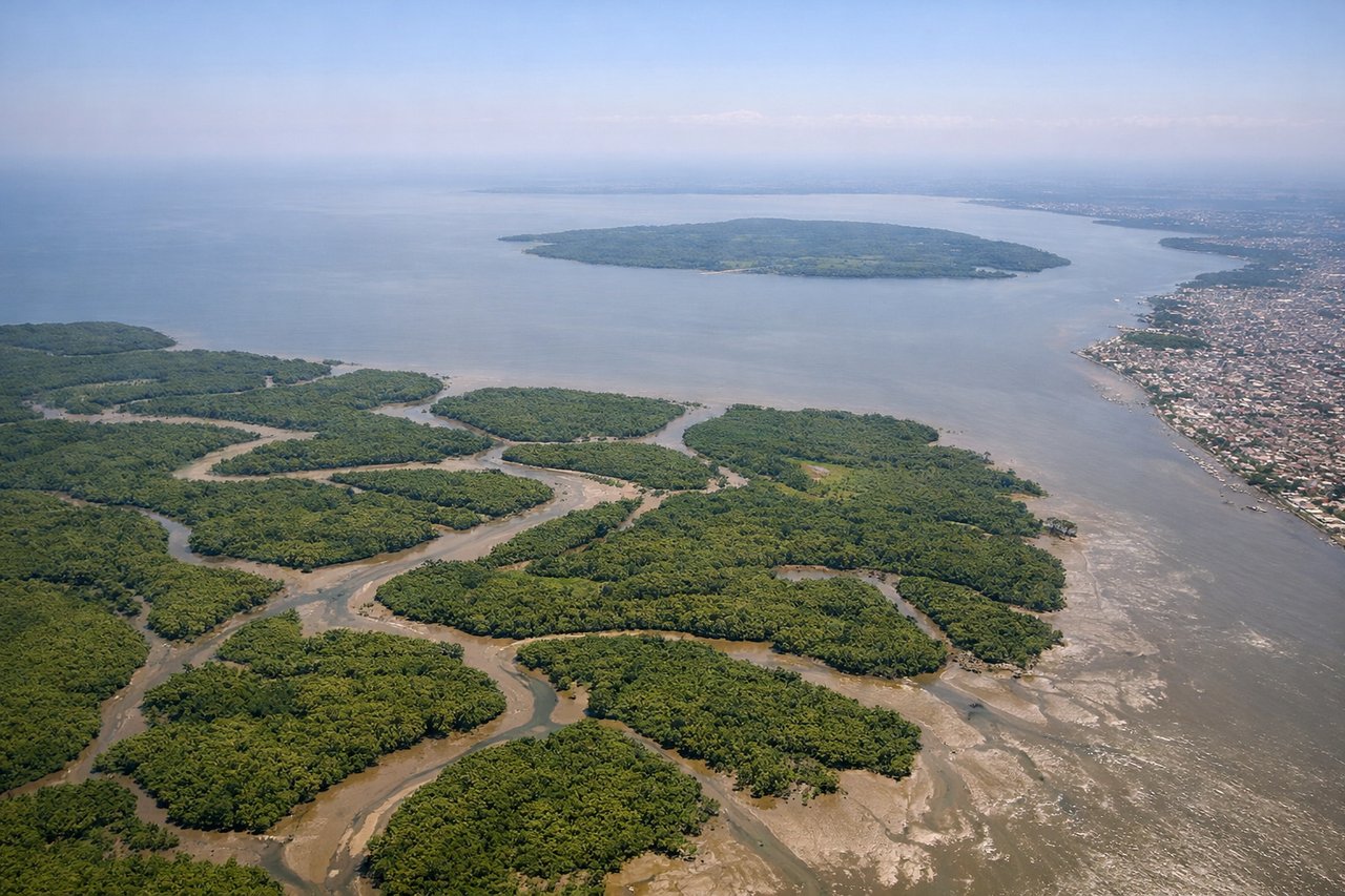 Aerial window seat view during takeoff from Guayaquil (left side) — Gulf of Guayaquil, Guayas River delta and mangrove networks, Puna Island in the gulf, Santa Elena Peninsula coastline to the northwest