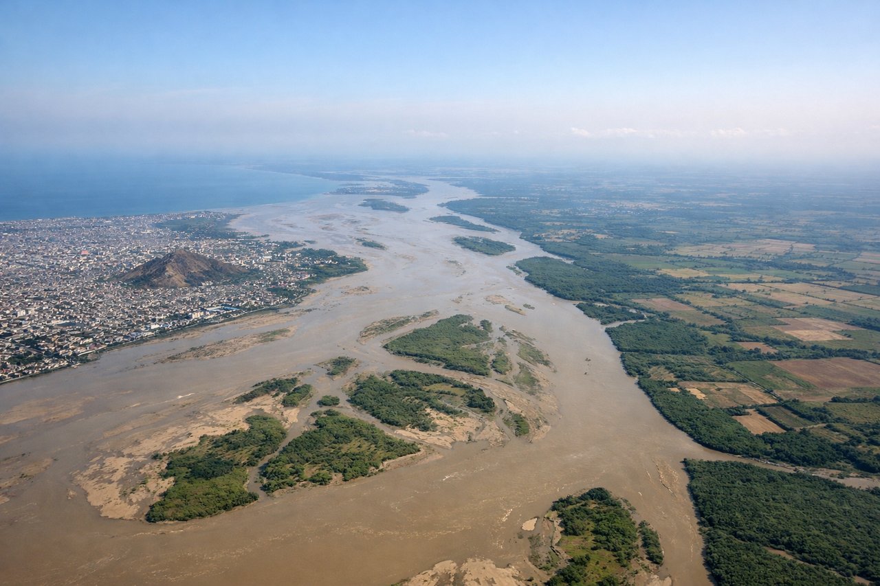 Aerial window seat view during takeoff from Guayaquil (right side) — Guayas River estuary, Pacific coastline, Salinas Peninsula (distant), mangrove wetlands