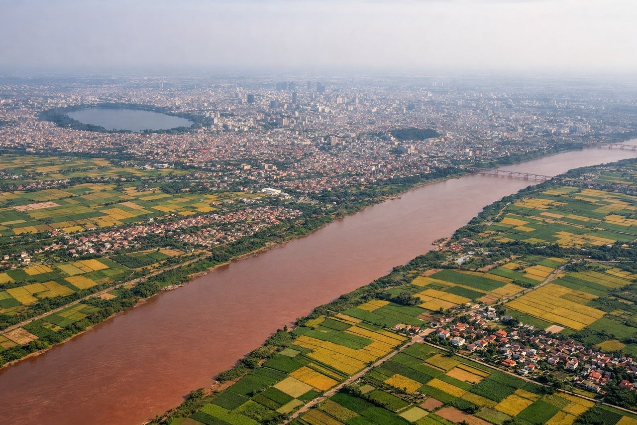 Aerial window seat view during landing at Hanoi (left side) — Red River delta, Hanoi city center, Long Bien Bridge area, rice paddies of the delta plain