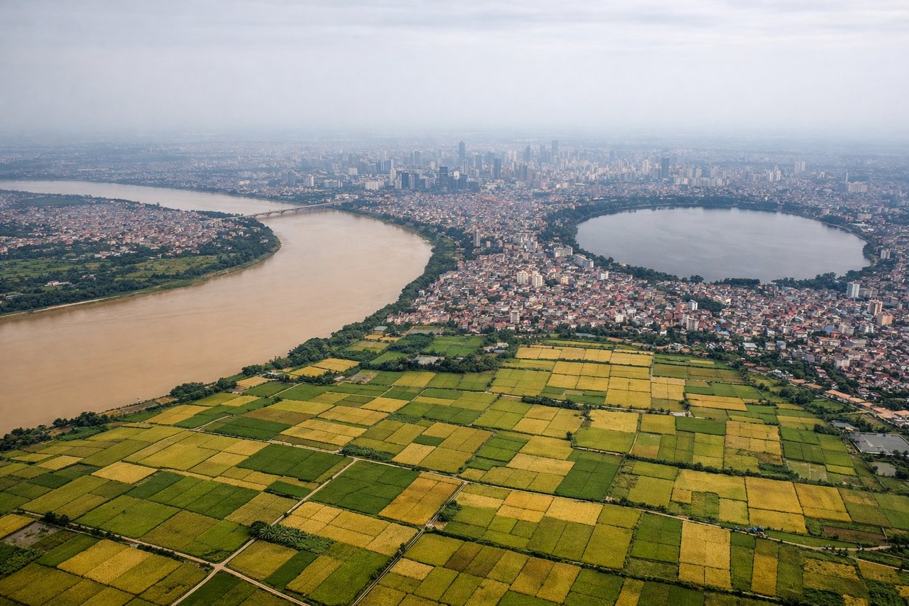 Aerial window seat view during landing at Hanoi (right side) — Red River Delta agricultural fields and waterways, Red River main channel, Hanoi city sprawl and urban districts, Noibai International Airport complex