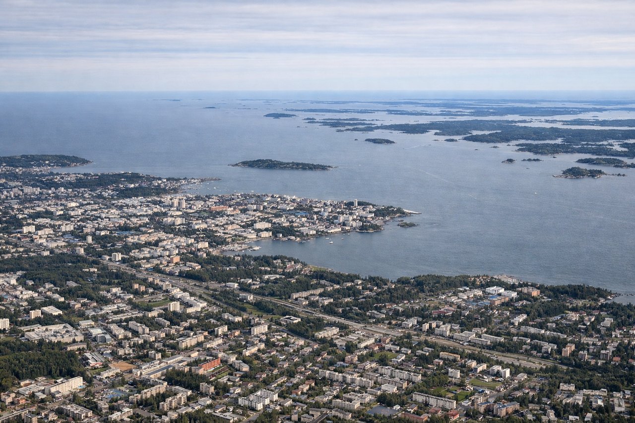 Aerial window seat view during takeoff from Helsinki (left side) — Baltic Sea, Finnish archipelago (Åland Islands region to the southwest), Gulf of Finland coastline, forested interior plains