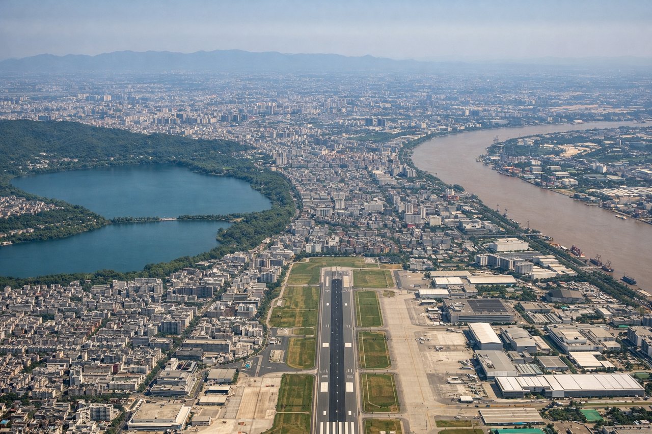 Left window seat view during landing at Hangzhou (HGH) — West Lake (Xihu) to the northwest, Hangzhou urban grid and high-rises, Qiantang River to the south, distant hills of the Yangtze River Delta region on the horizon