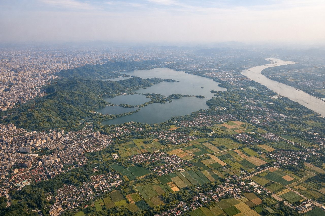 Right window seat view during landing at Hangzhou (HGH) — West Lake (Xihu) to the northwest, Hangzhou urban grid and high-rises, Qiantang River to the south, distant hills of the Yangtze River Delta region on the horizon