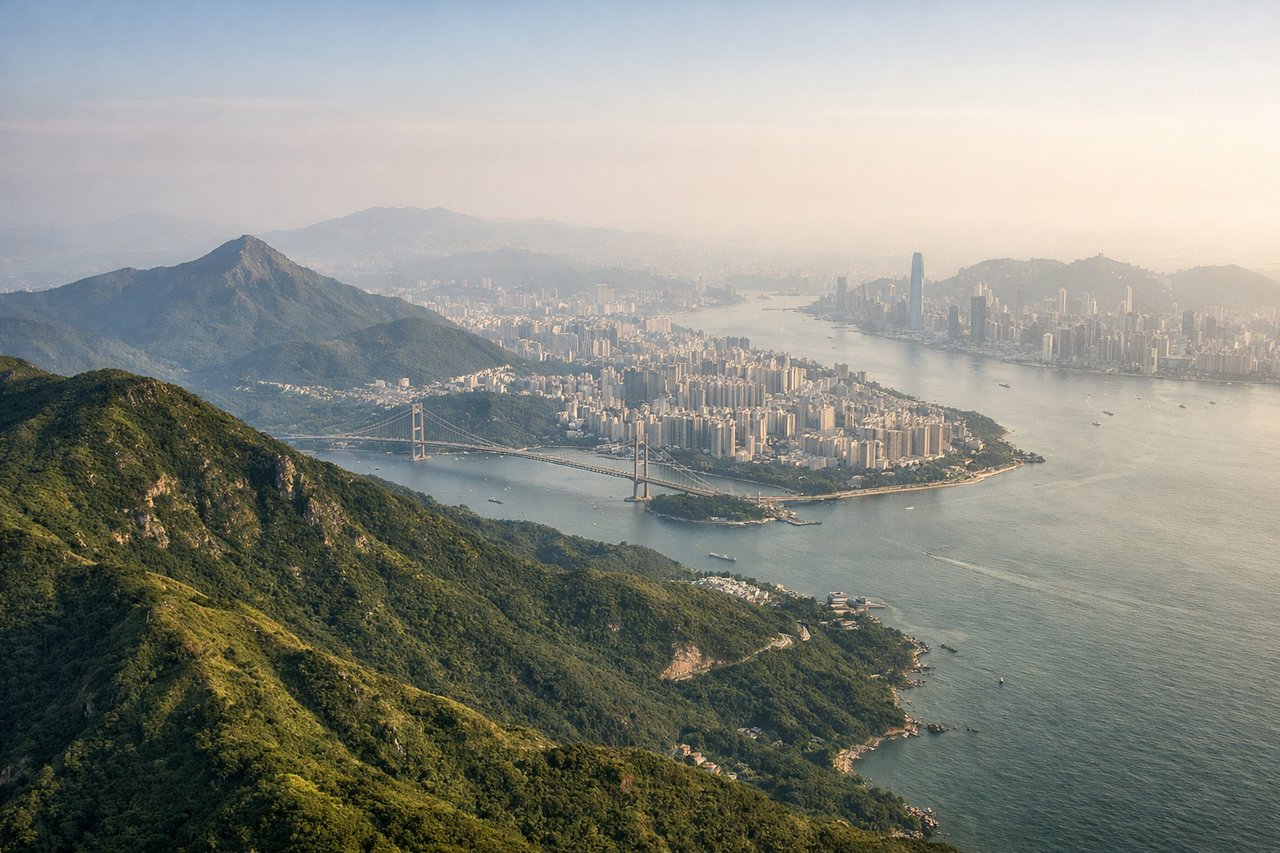Left window seat view during landing at Hong Kong (HKG) — Lantau Island peaks (Lantau Peak/Sunset Peak), Hong Kong-Zhuhai-Macau Bridge, outlying islands (Peng Chau, Cheung Chau vicinity), Pearl River estuary waters