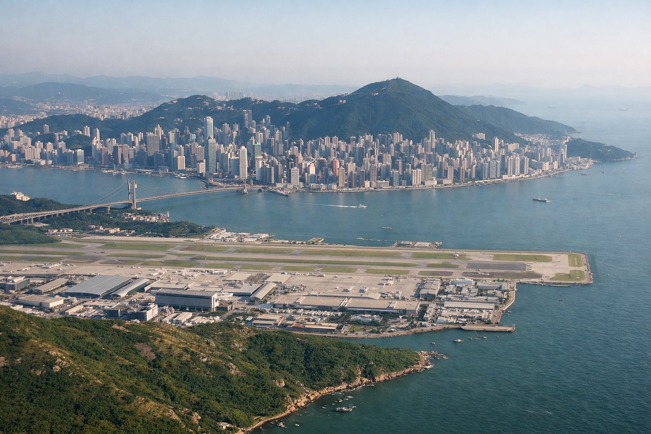 Left window seat view during takeoff from Hong Kong (HKG) — Lantau Peak, Tian Tan Buddha (Big Buddha) at Ngong Ping, Hong Kong-Zhuhai-Macau Bridge, Tung Chung new town