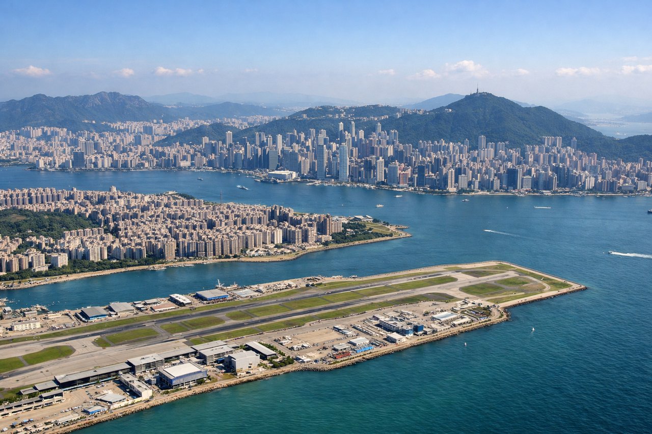 Aerial window seat view during takeoff from Hong Kong (right side) — Victoria Harbour, Hong Kong Island skyline, Kowloon peninsula, Lantau Island's peaks in the distance