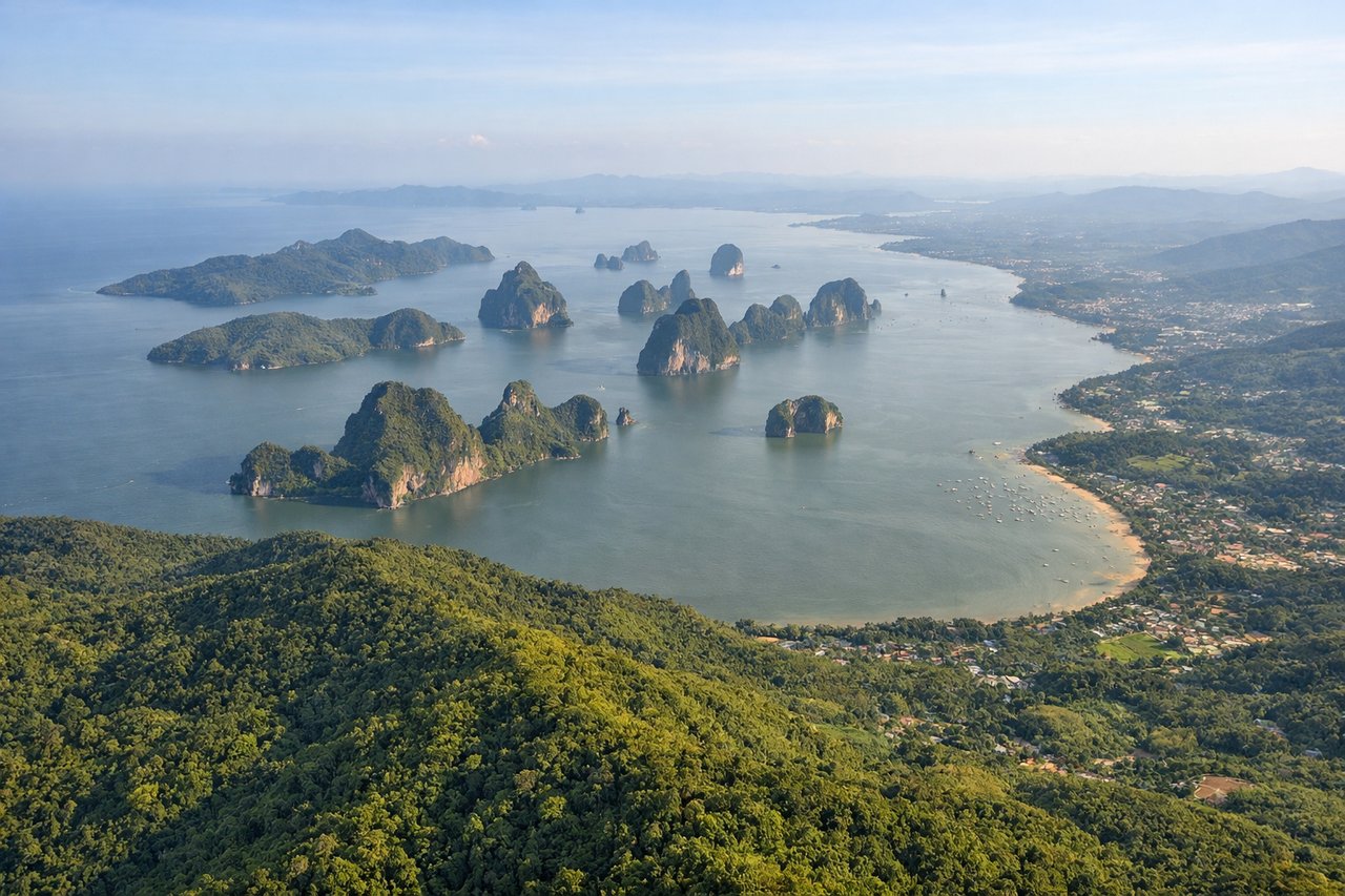 Left window seat view during landing at Phuket (HKT) — Phang Nga Bay limestone karsts, Phuket's northern coastline, Mai Khao Beach, Andaman Sea on final approach