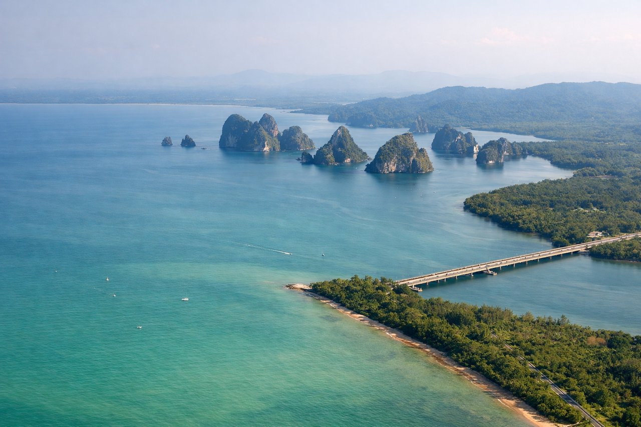 Aerial window seat view during landing at Phuket (right side) — Phang Nga Bay limestone karsts, Mai Khao Beach, Phuket's forested interior hills, Andaman Sea coastline