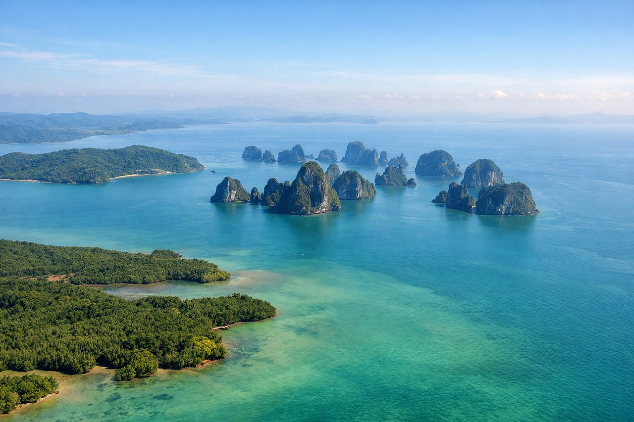Left window seat view during takeoff from Phuket (HKT) — Sarasin Bridge and the Phuket-mainland channel, Phang Nga Bay limestone karsts, Phang Nga province coastline, northern Phuket's mangrove estuaries