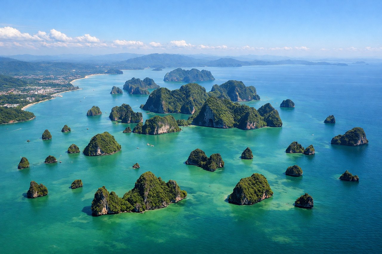 Aerial window seat view during takeoff from Phuket (right side) — Andaman Sea (immediate offshore waters), Phang Nga Bay with its distinctive limestone islands and karsts, Phuket Town (visible inland to the east), Patong Bay area