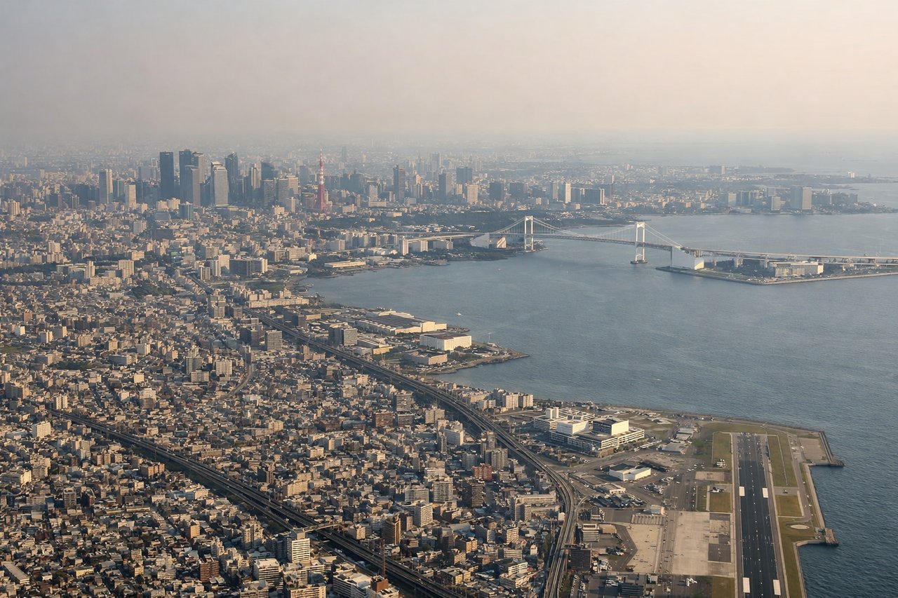 Aerial window seat view during landing at Tokyo (left side) — Tokyo Bay and waterfront, Odaiba reclaimed island, Tokyo Skytree (634m, visible from distance), Rainbow Bridge