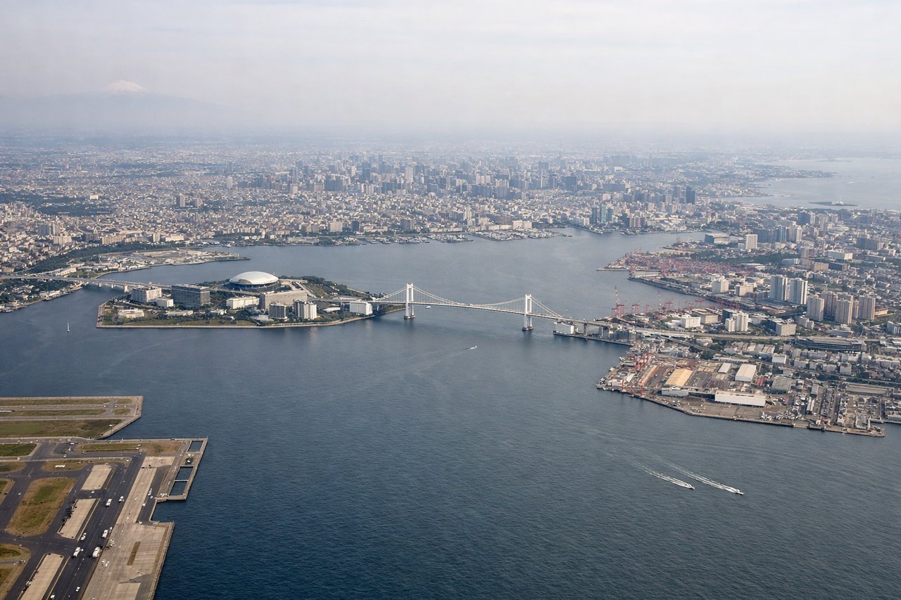 Aerial window seat view during landing at Tokyo (right side) — Tokyo Bay, Rainbow Bridge, Odaiba reclaimed islands, central Tokyo skyline (Tokyo Tower/Skytree)