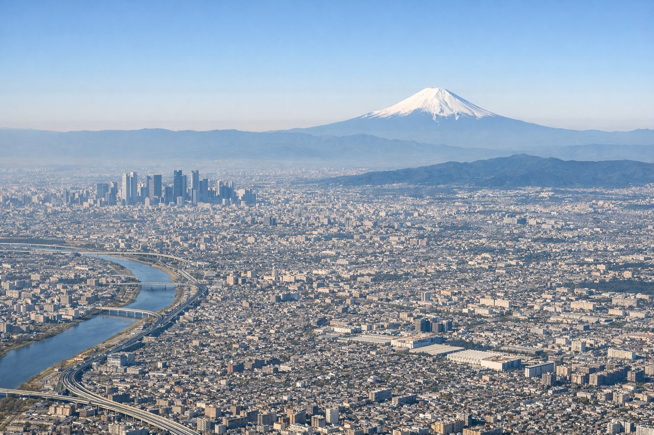 Aerial window seat view during takeoff from Tokyo (right side) — Tokyo Bay, Boso Peninsula, Kanto Plain urban grid, Mount Fuji (distant, on clear days)