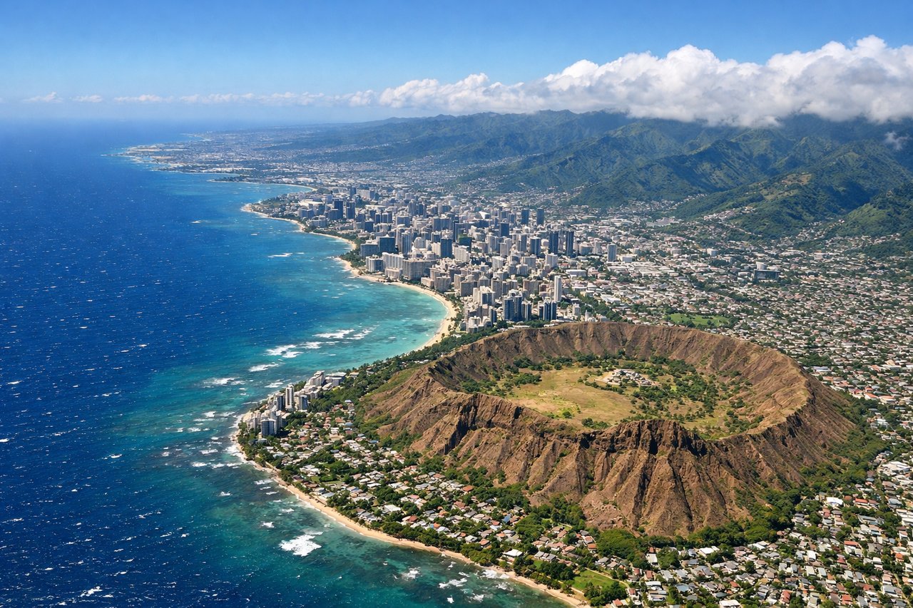 Aerial window seat view during landing at Honolulu (right side) — Diamond Head crater, Waikiki Beach skyline, Honolulu Harbor, coral reef shallows