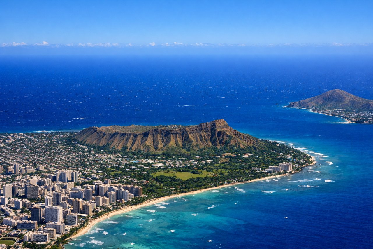 Aerial window seat view during takeoff from Honolulu (right side) — Diamond Head crater, Waikiki Beach, Koko Head crater, south Oahu coastline