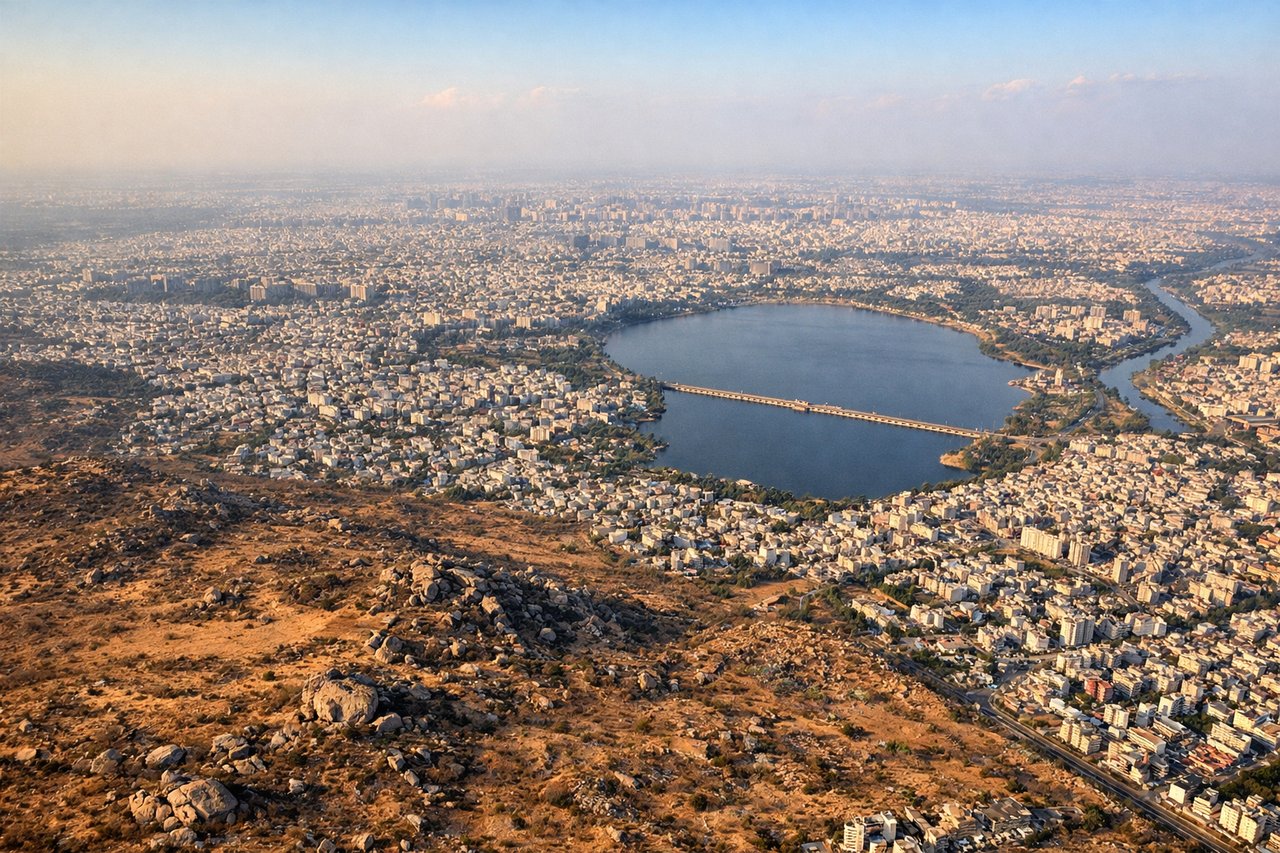 Right window seat view during landing at Hyderabad (HYD) — Musi River (visible as a winding water course through the city), Hyderabad's urban grid and high-rises in the middle distance, Osman Sagar reservoir (if visible on clearer days to the northwest), agricultural fields and scattered settlements in the approach corridor