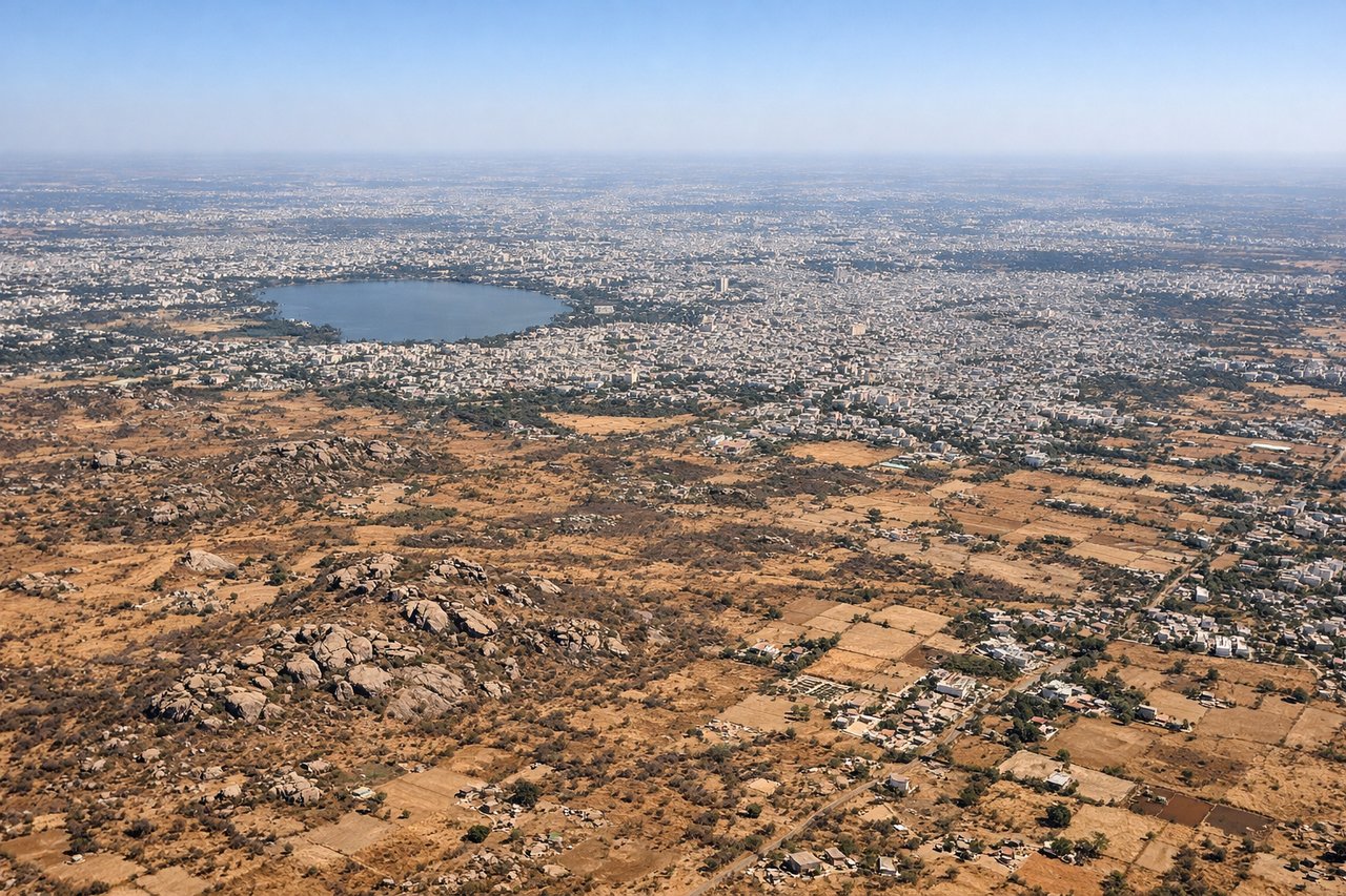 Right window seat view during takeoff from Hyderabad (HYD) — Musi River winding through the city below, Hyderabad's urban grid and high-rise clusters, Osman Sagar reservoir visible in middle distance to the northwest, Deccan Plateau terrain rising gradually toward the horizon