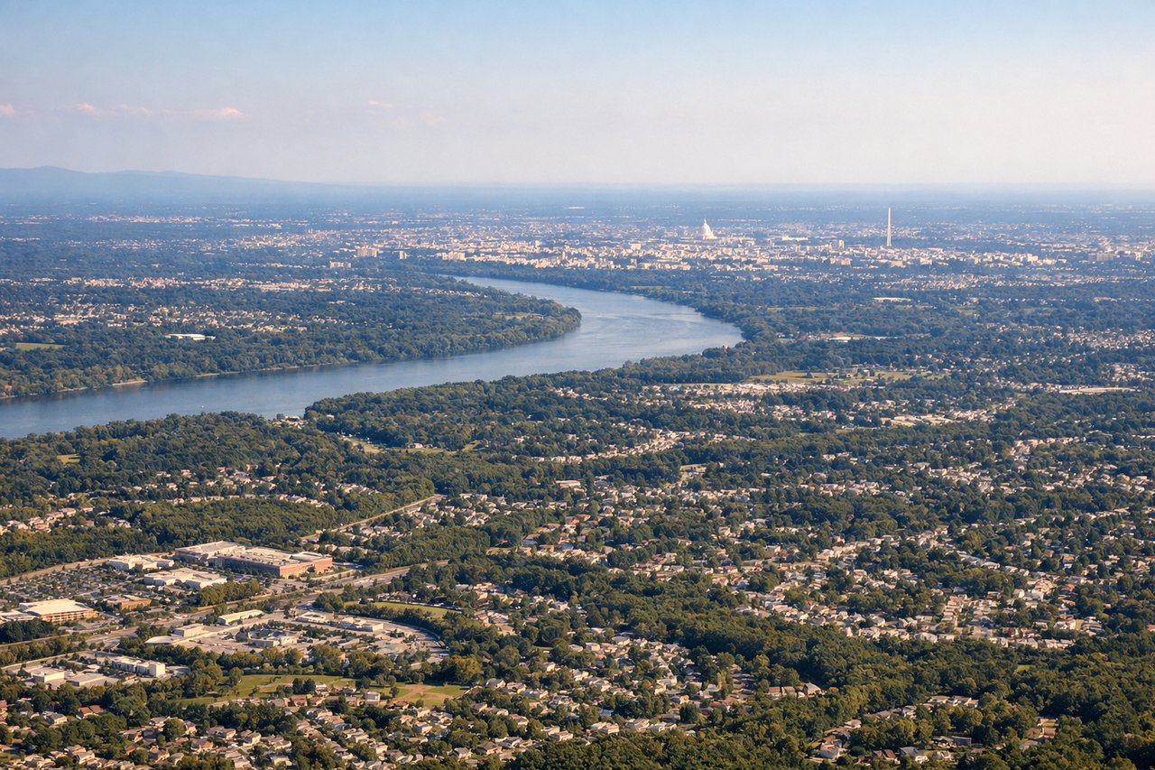Aerial window seat view during landing at Washington (left side) — Chesapeake Bay on approach over Maryland, Potomac River winding toward DC, Washington DC monument corridor (Capitol, Washington Monument visible at distance), Virginia piedmont farmland on final