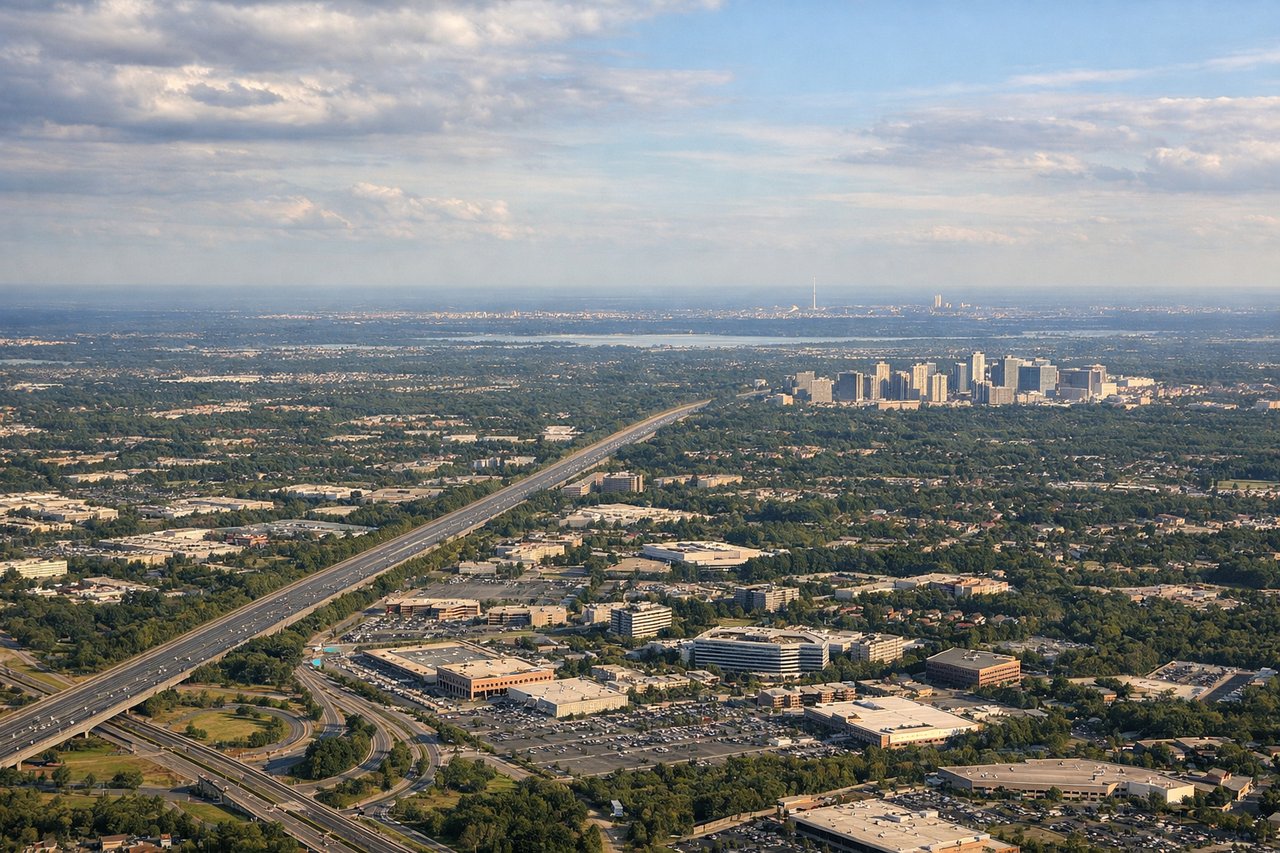 Aerial window seat view during landing at Washington (right side) — Potomac River, Washington Monument and National Mall, Shenandoah Valley, Blue Ridge Mountains (distant)