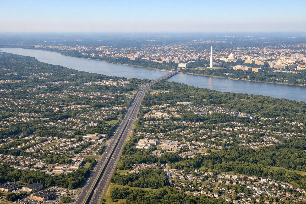 Aerial window seat view during takeoff from Washington (left side) — Potomac River, Washington Monument and Capitol building district, Arlington and northern Virginia suburbs, Chesapeake Bay (distant eastern horizon)