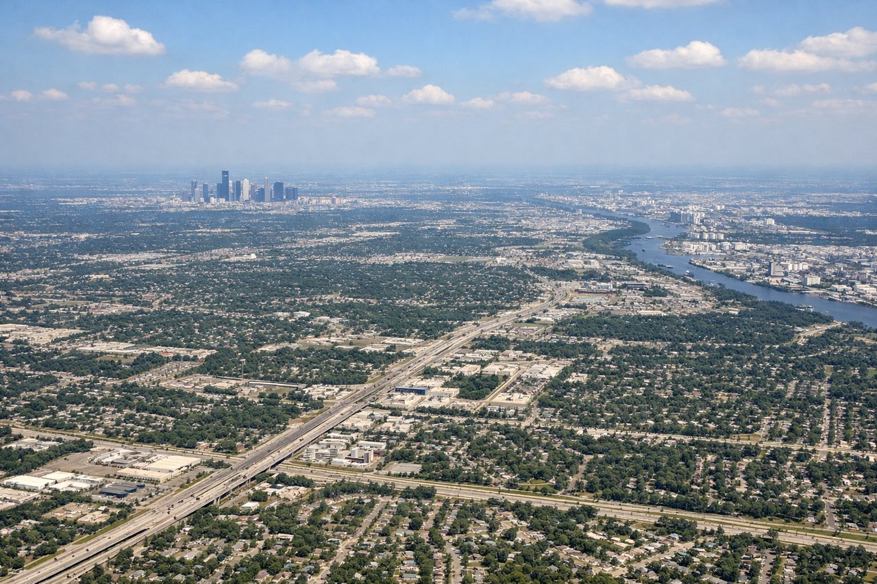 Left window seat view during landing at Houston (IAH) — Downtown Houston skyline, Sam Houston Tollway (Beltway 8) loop, Houston's dense grid of freeway interchanges, patches of pine forest and suburban development north of the city