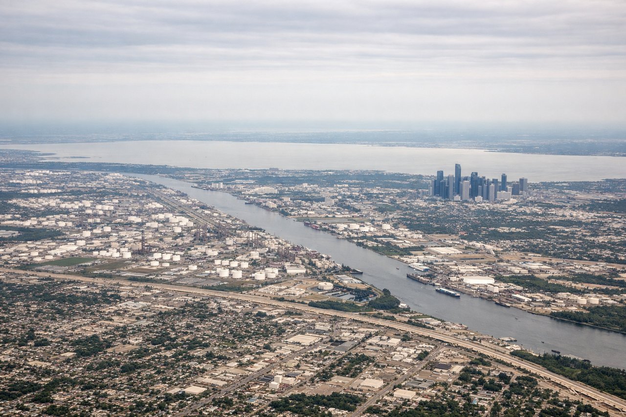 Aerial window seat view during takeoff from Houston (left side) — Downtown Houston skyline, Houston Ship Channel, Galveston Bay, Lake Houston reservoir