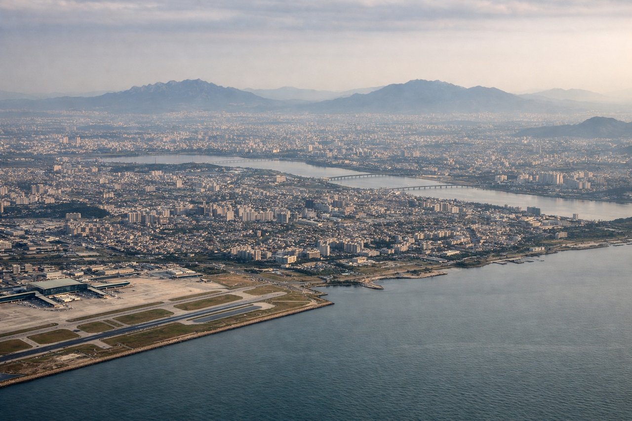 Aerial window seat view during landing at Seoul (right side) — Seoul skyline, Han River, Bukhansan mountain peaks, Incheon coastal islands