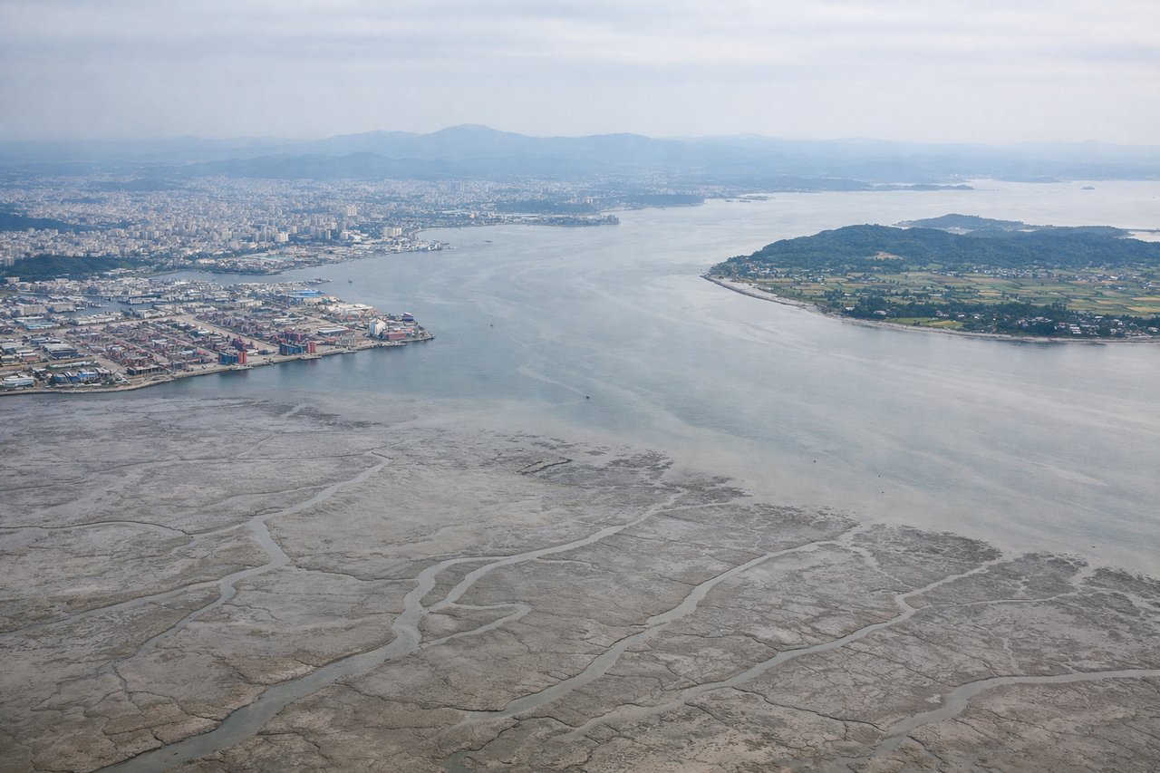 Aerial window seat view during takeoff from Seoul (right side) — Seoul skyline, Han River, Bukhansan Mountains, Yeongjong Island coastline