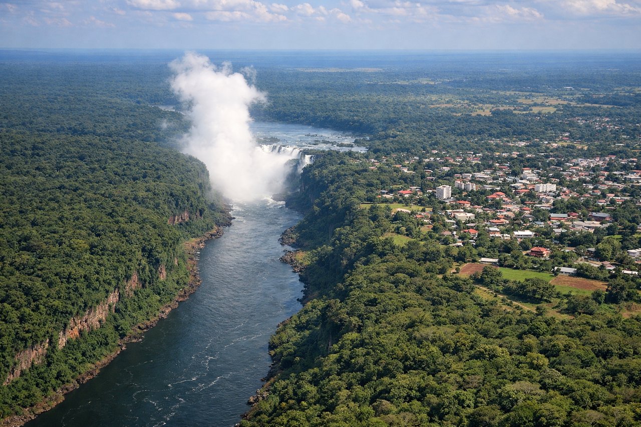 Left window seat view during landing at Iguazu Falls (IGR) — Paraná River (middle distance, left side), Iguazu River valley (foreground to middle distance), dense subtropical rainforest canopy (dominant throughout), distant Brazilian plateau terrain (far horizon, right side)