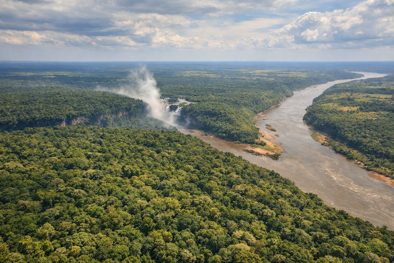 Right window seat view during landing at Iguazu Falls (IGR) — Paraná River (middle distance, left side), Iguazu River valley (foreground to middle distance), dense subtropical rainforest canopy (dominant throughout), distant Brazilian plateau terrain (far horizon, right side)