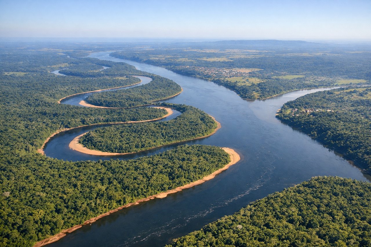 Right window seat view during takeoff from Iguazu Falls (IGR) — Paraná River (flowing south), Brazil-Argentina border region, Puerto Iguazú town to the northeast, dense subtropical forest canopy
