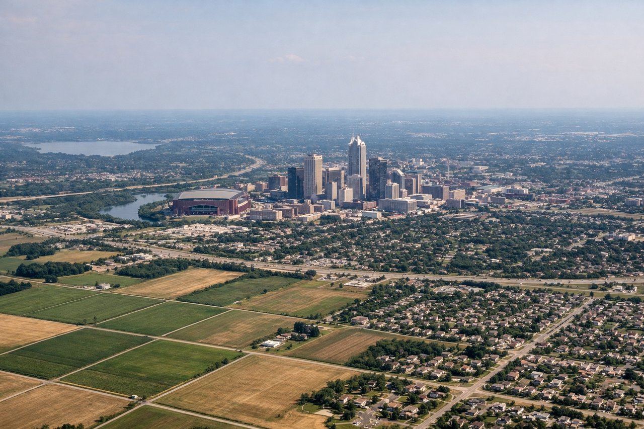Aerial window seat view during landing at Indianapolis (left side) — Downtown Indianapolis skyline, White River, Eagle Creek Reservoir, Lucas Oil Stadium
