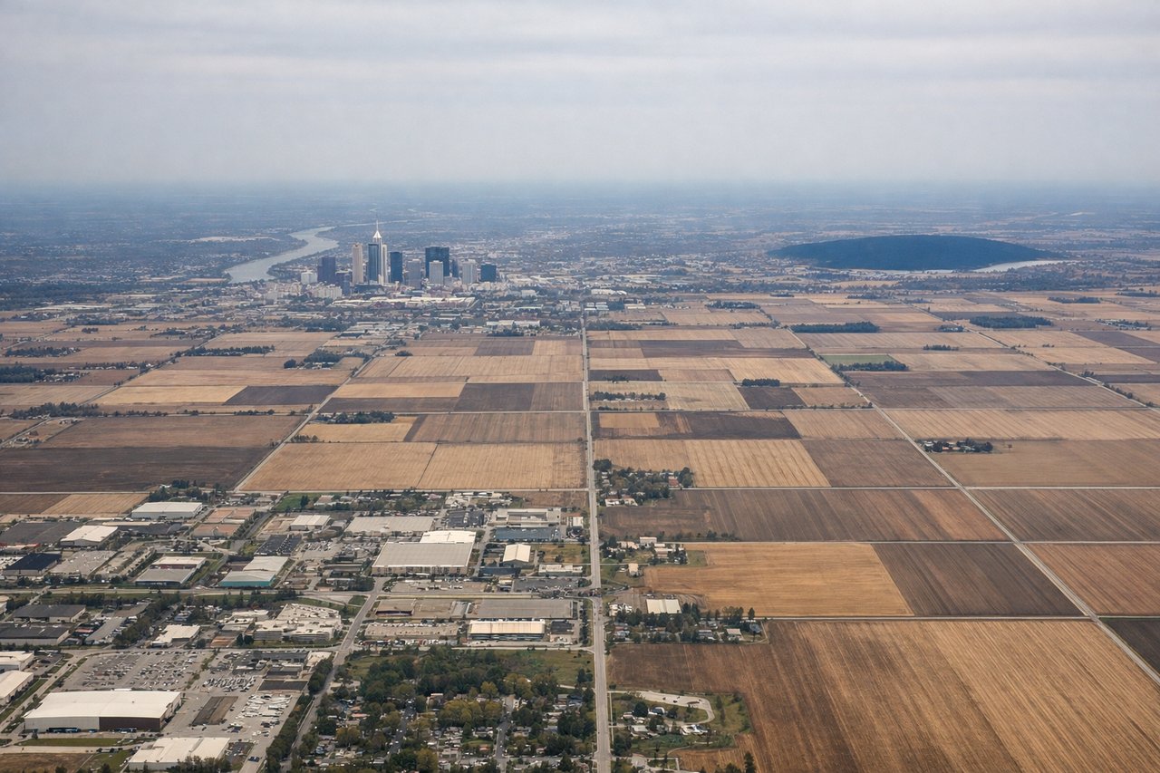 Aerial window seat view during landing at Indianapolis (right side) — White River (curves through downtown Indianapolis), downtown Indianapolis skyline (visible 15-20 miles out), Indianapolis Motor Speedway (distinctive oval, northwest of downtown), Eagle Creek Reservoir (west of airport)