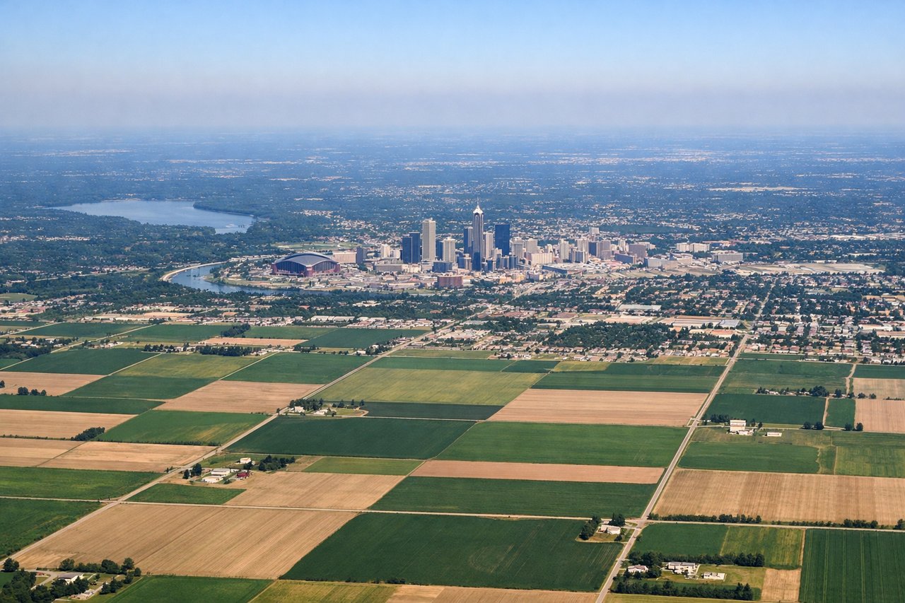Left window seat view during takeoff from Indianapolis (IND) — Downtown Indianapolis skyline (including the Salesforce Tower and other high-rises), White River and its floodplain, Interstate 70 corridor heading west, suburban sprawl of the greater Indianapolis metro area