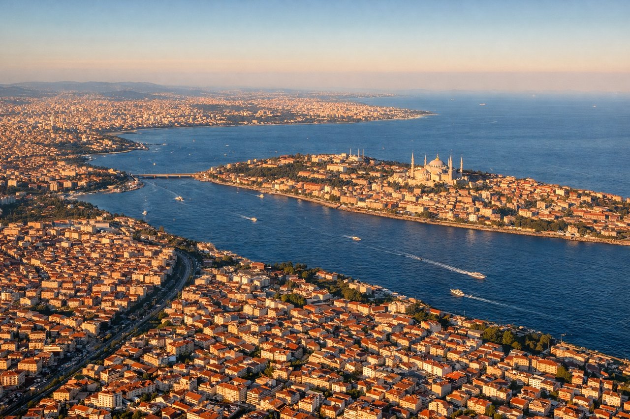 Left window seat view during landing at Istanbul (IST) — Black Sea coastline, Bosphorus strait entrance, outer Istanbul suburbs (Arnavutköy/Başakşehir area), Terkos Lake in the distance